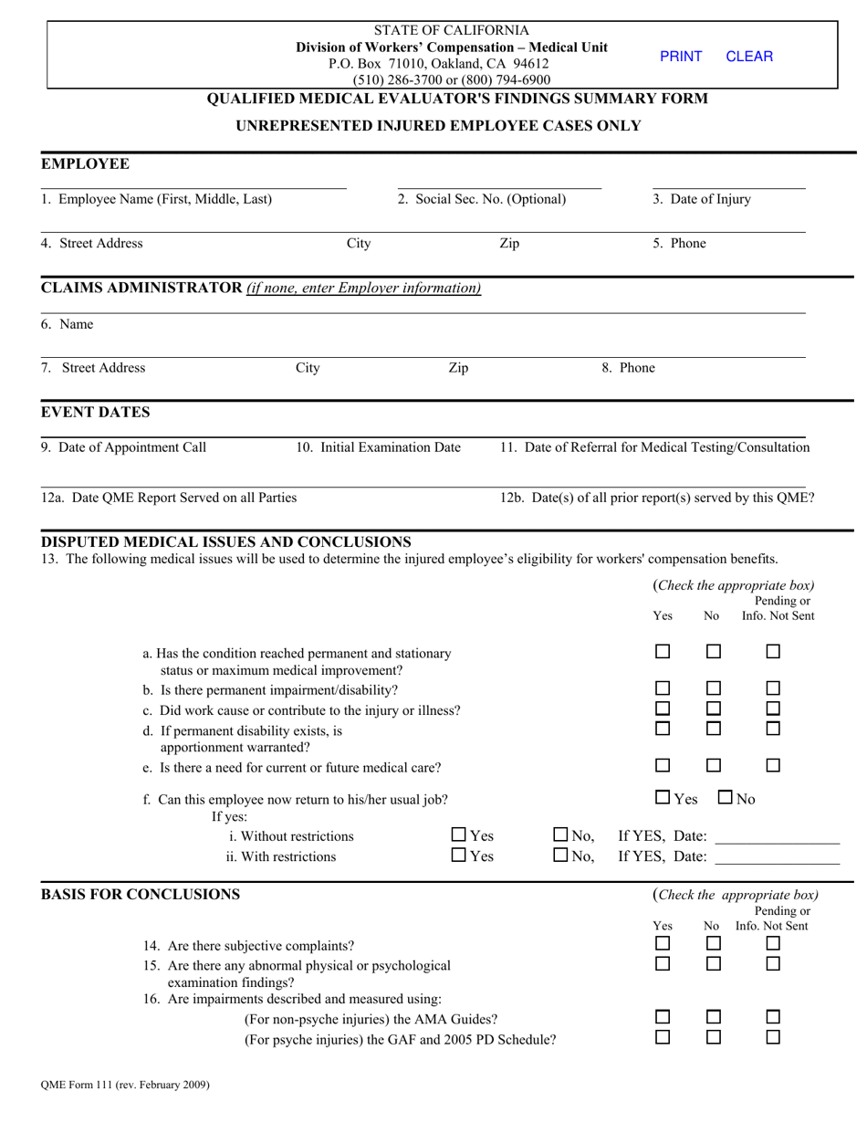 QME Form 111 Qualified Medical Evaluators Findings Summary Form - Unrepresented Injured Employee Cases Only - California, Page 1