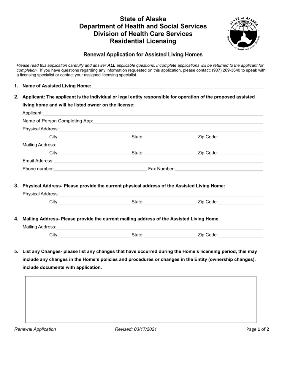 Renewal Application for Assisted Living Homes - Alaska, Page 1