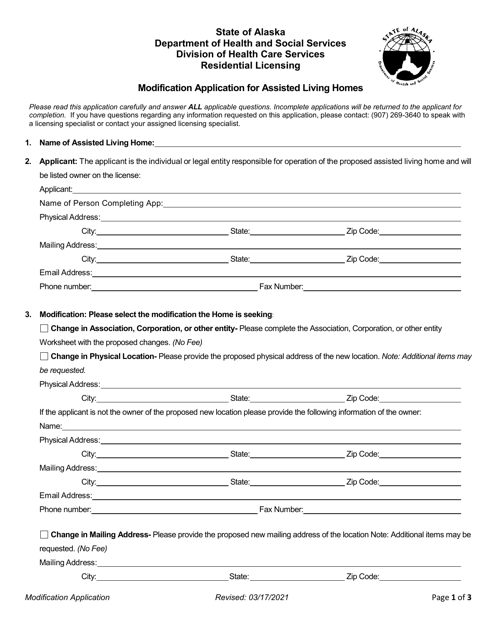 Modification Application for Assisted Living Homes - Alaska Download Pdf