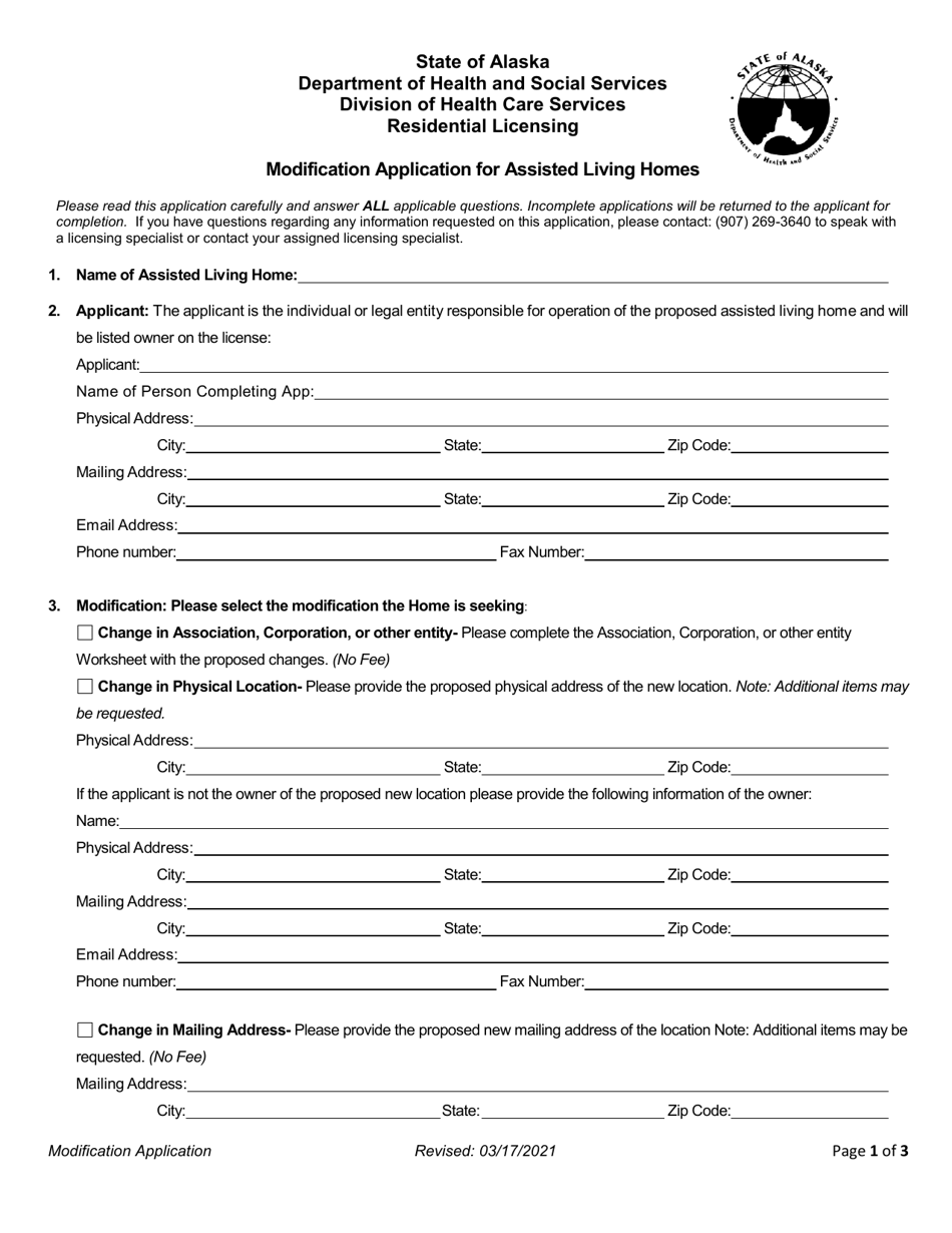 Modification Application for Assisted Living Homes - Alaska, Page 1