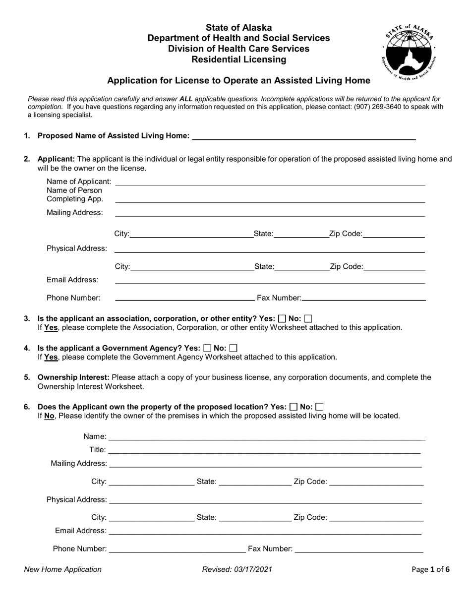 Application for License to Operate an Assisted Living Home - Alaska, Page 1