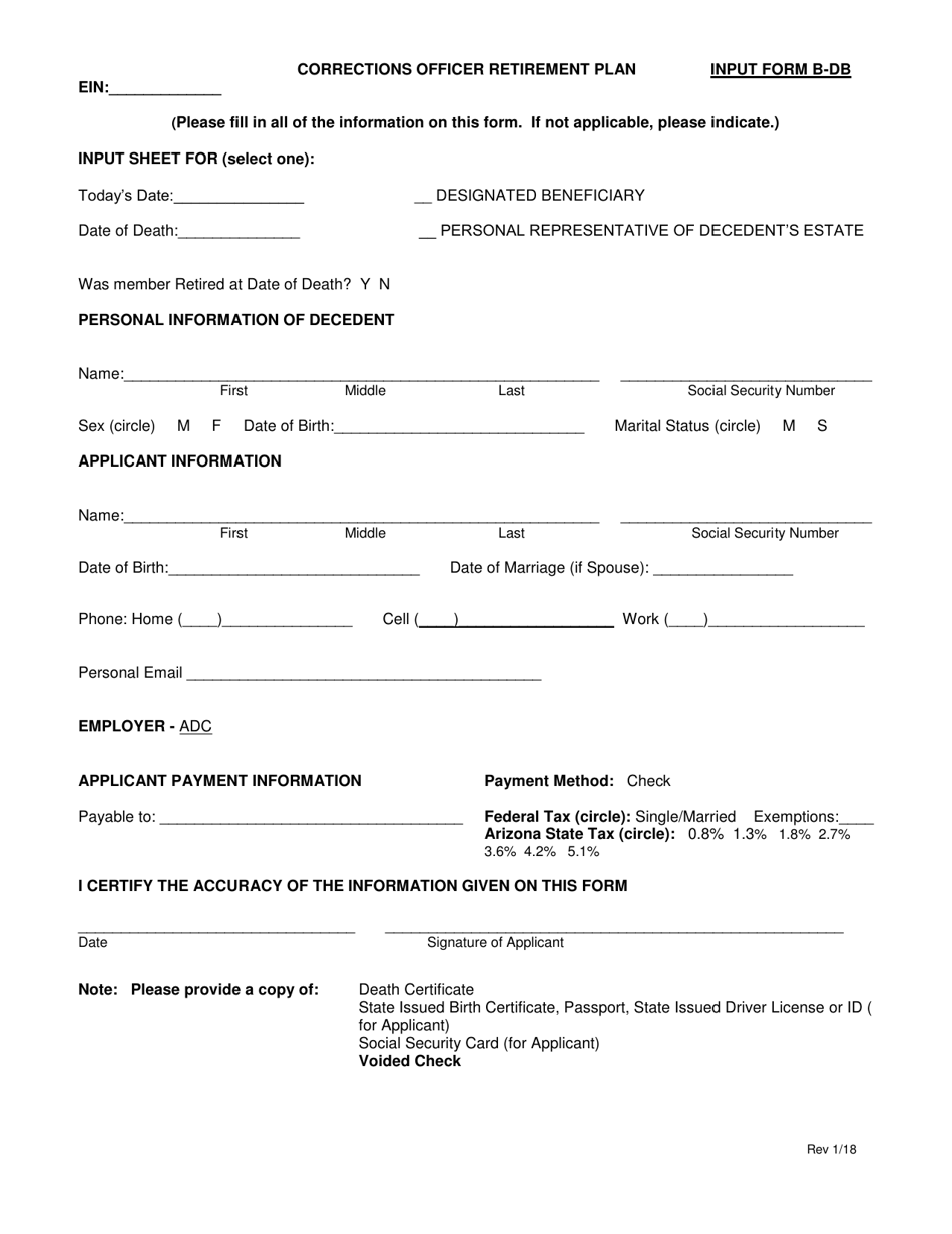 INPUT Form B-DB Corrections Officer Retirement Plan - Arizona, Page 1