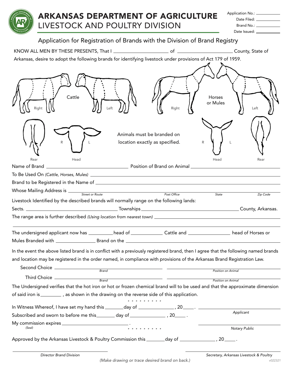 Application for Registration of Brands With the Division of Brand Registry - Arkansas, Page 1