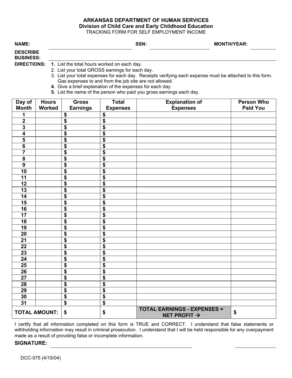 Form DCC-575 Tracking Form for Self Employment Income - Arkansas, Page 1