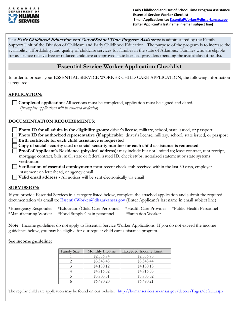 Early Childhood and out of School Time Program Assistance Essential Service Worker Application - Arkansas, Page 1