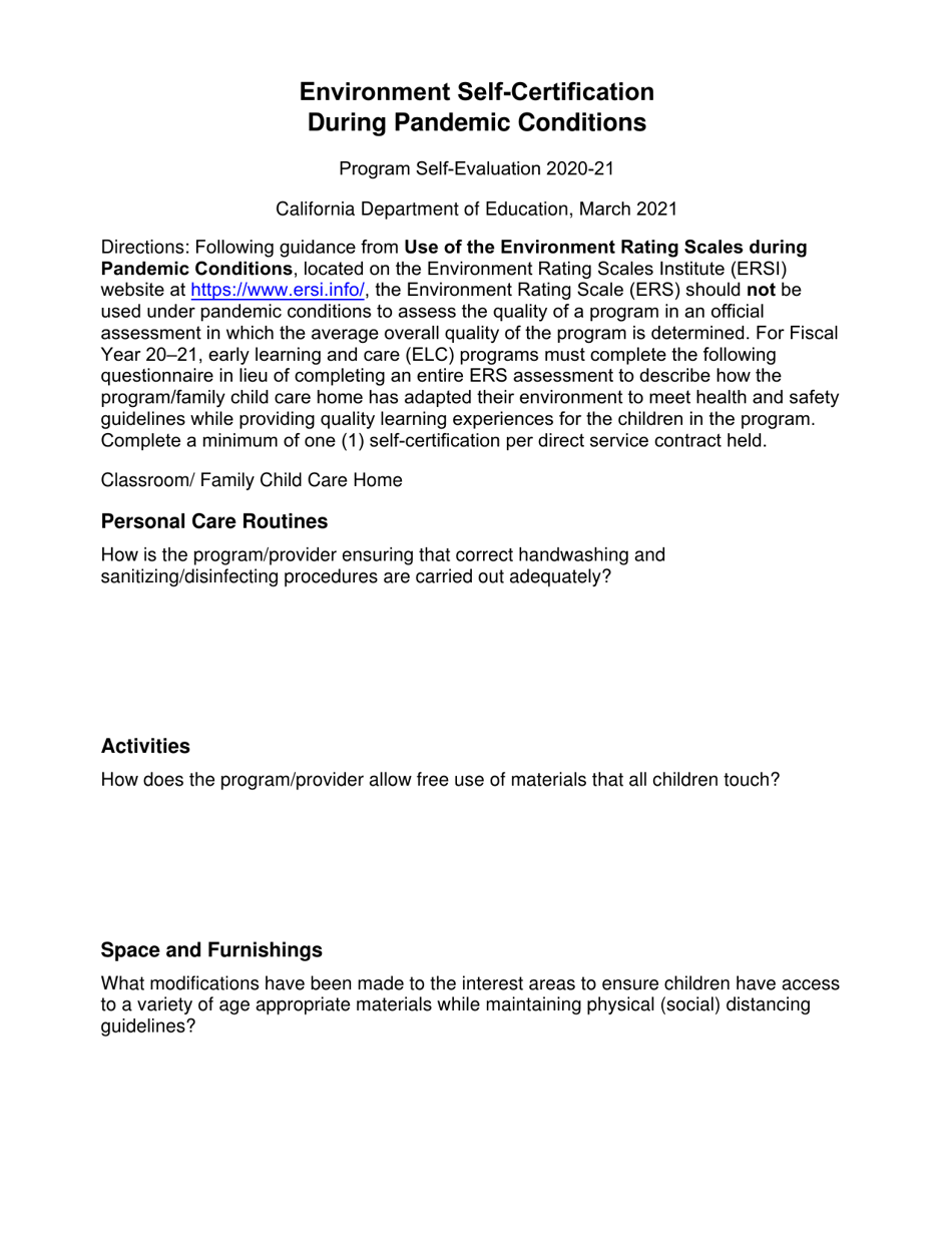 Environment Self-certification During Pandemic Conditions - California, Page 1