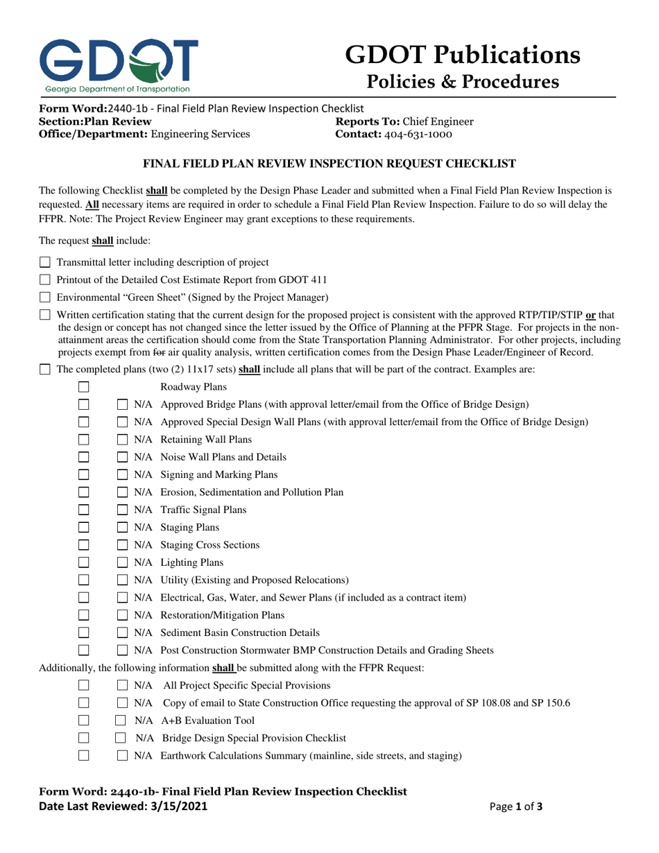 Form 2440-1B Final Field Plan Review Inspection Request Checklist - Georgia (United States), Page 1