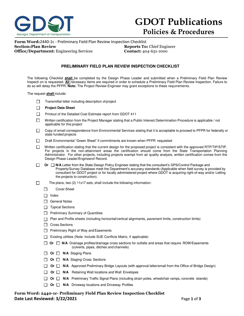 Form 2440-1C Preliminary Field Plan Review Inspection Checklist - Georgia (United States), Page 1