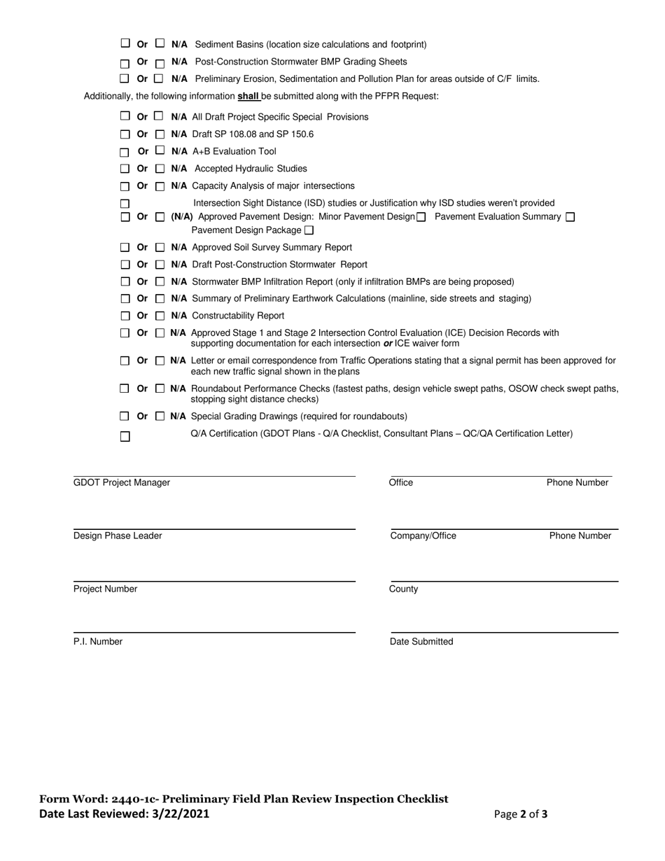Form 2440-1C Preliminary Field Plan Review Inspection Checklist - Georgia (United States), Page 2
