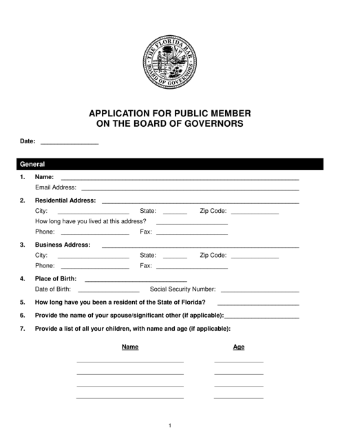 Application for Public Member on the Board of Governors - Florida Download Pdf