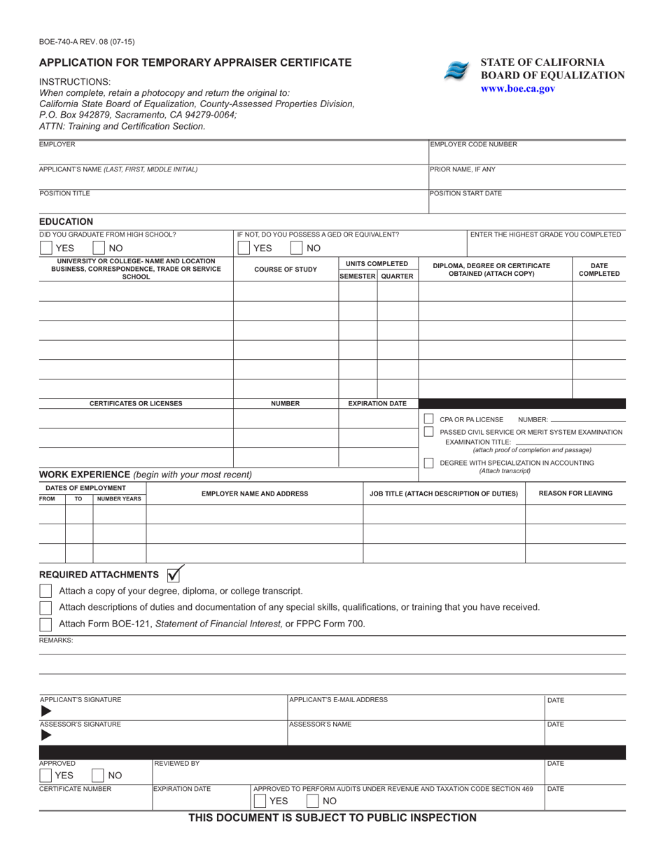 Form BOE-740-A Application for Temporary Appraiser Certificate - California, Page 1