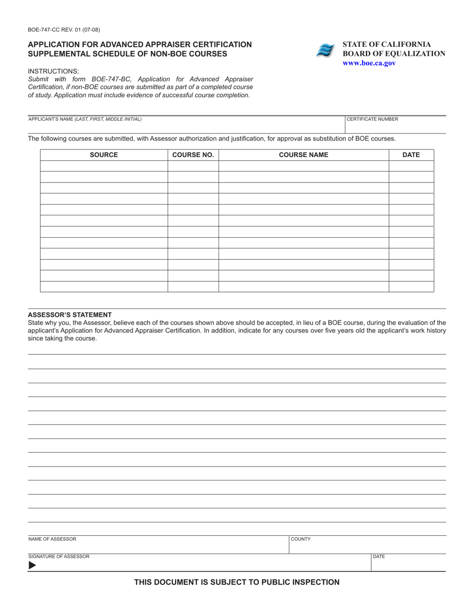 Form BOE-747-CC Application for Advanced Appraiser Certification Supplemental Schedule of Non-boe Courses - California, Page 1