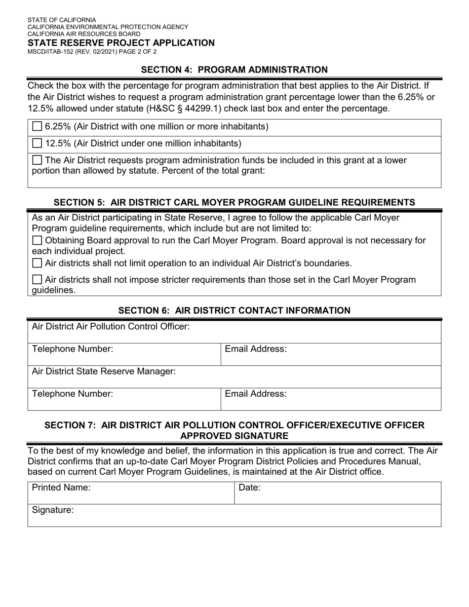 Form MSCD / ITAB-152 State Reserve Project Application - California, Page 2
