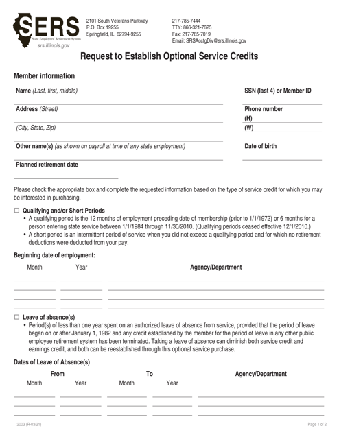 Form 2003 Request to Establish Optional Service Credits - Illinois