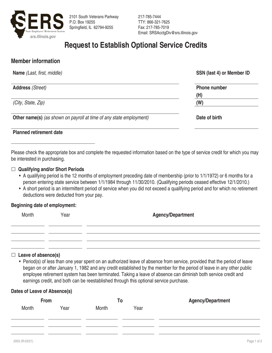 Form 2003 Request to Establish Optional Service Credits - Illinois, Page 1
