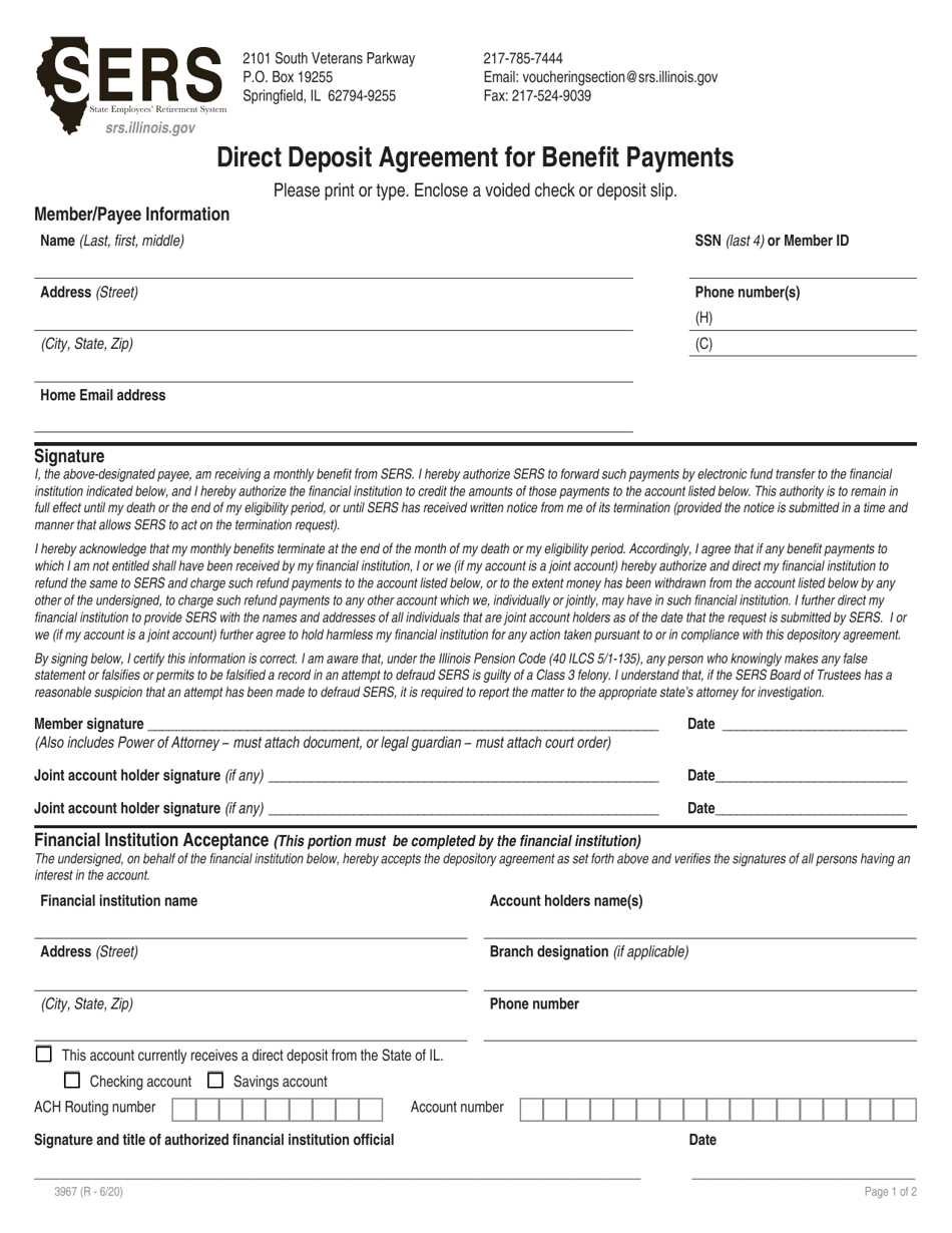 Form 3967 Direct Deposit Agreement for Benefit Payments - Illinois, Page 1