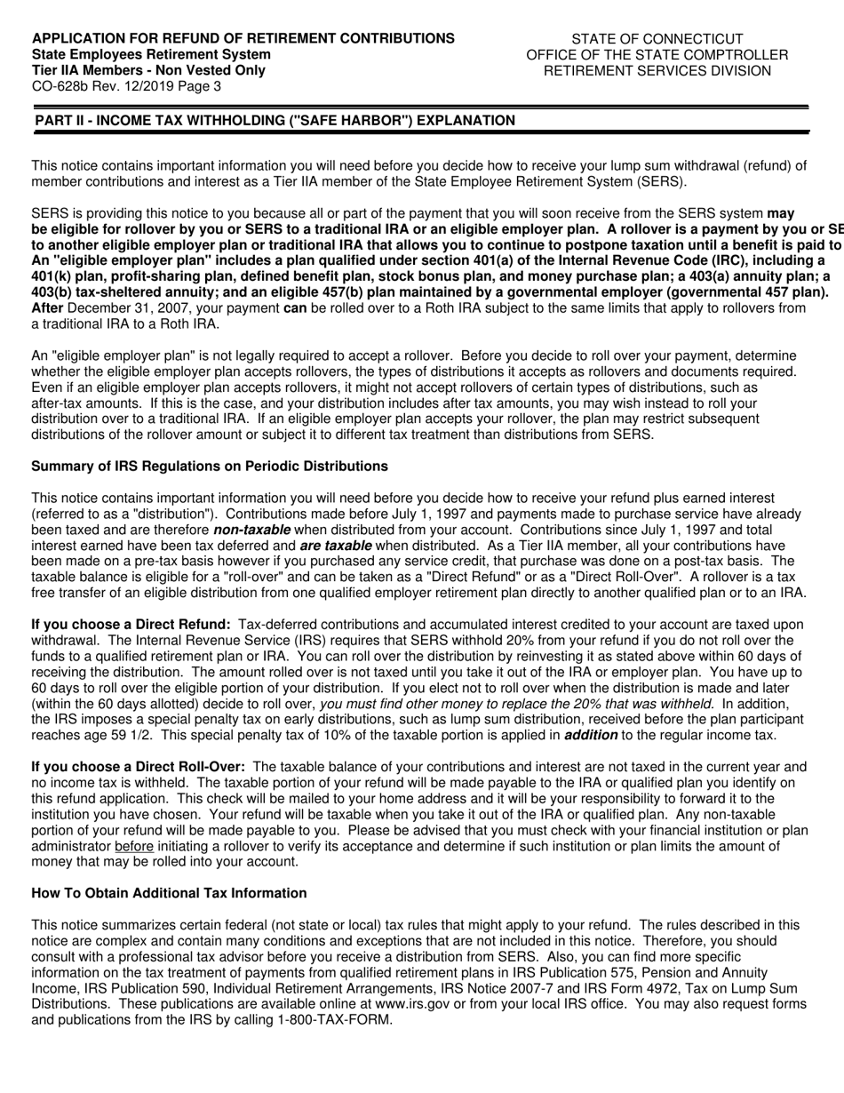 Form CO-628B Application for Refund of Retirement Contributions - Tier Iia Members - Non Vested Only - Connecticut, Page 3