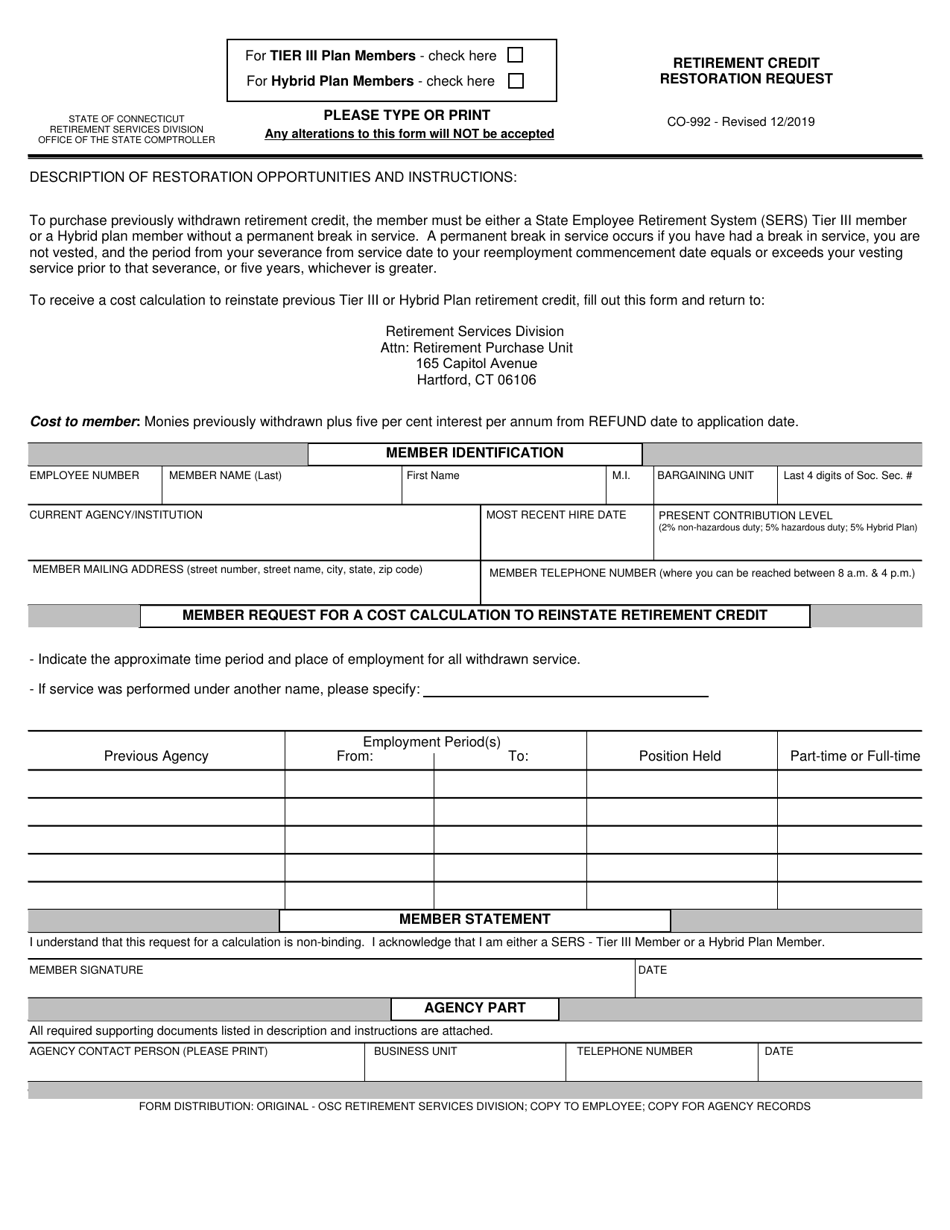 Form CO-992 Retirement Credit Restoration Request - Tier Iii and Hybrid Members Only - Connecticut, Page 1
