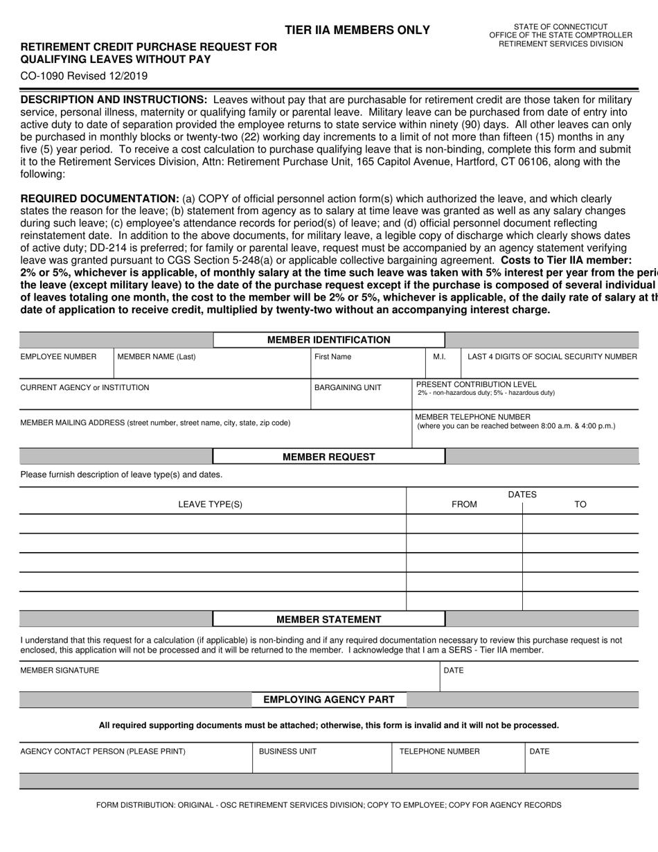 Form CO-1090 Retirement Credit Purchase Request for Qualifying Leaves Without Pay - Connecticut, Page 1