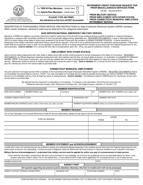 Form CO-991 Retirement Credit Purchase Request for Prior Miscellaneous Services Form - Connecticut