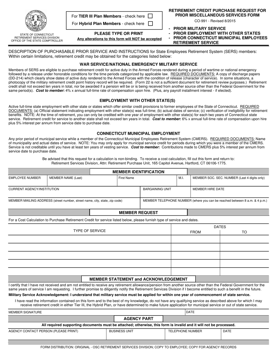 Form CO-991 Retirement Credit Purchase Request for Prior Miscellaneous Services Form - Connecticut, Page 1