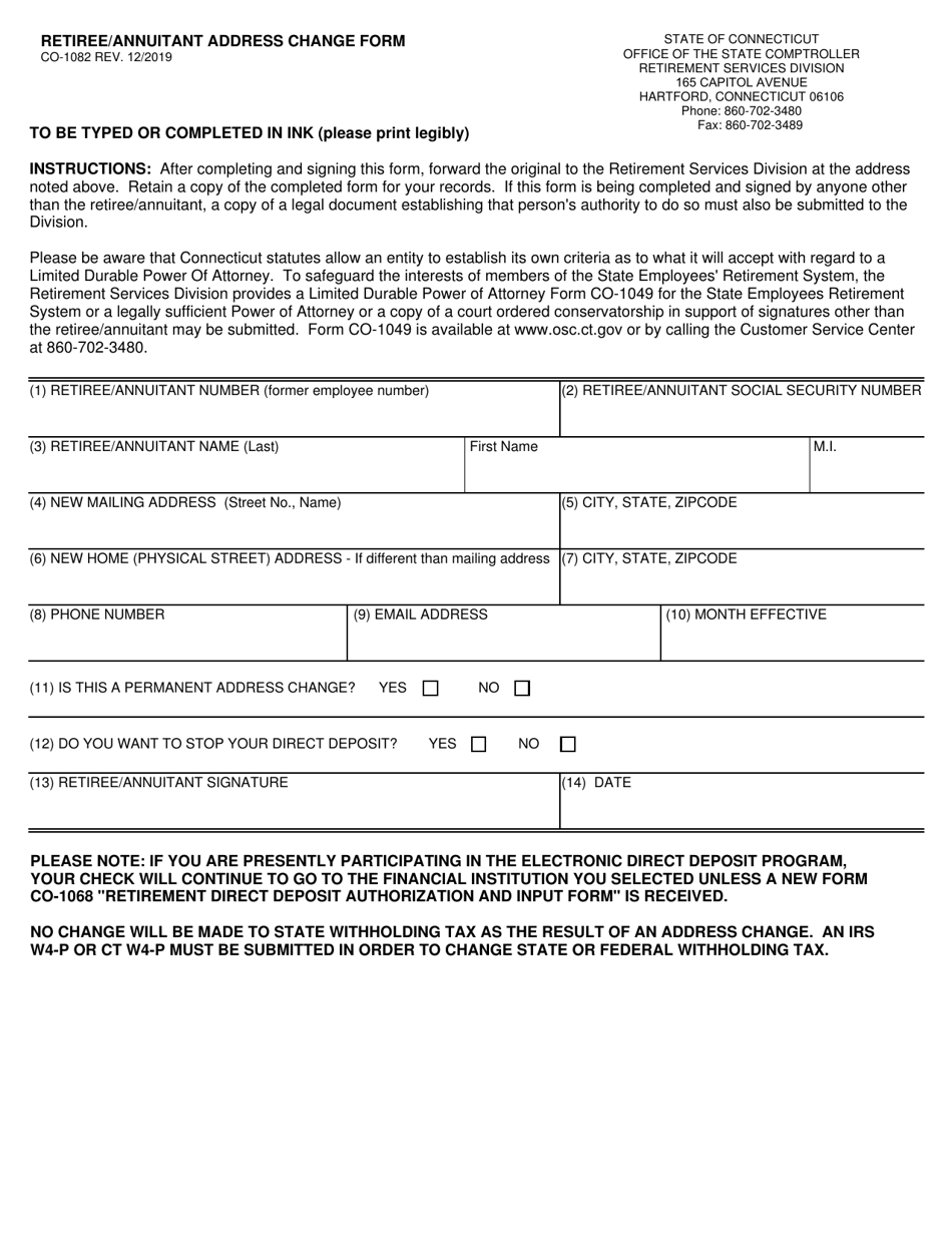 Form CO-1082 Retiree / Annuitant Address Change Form - Connecticut, Page 1