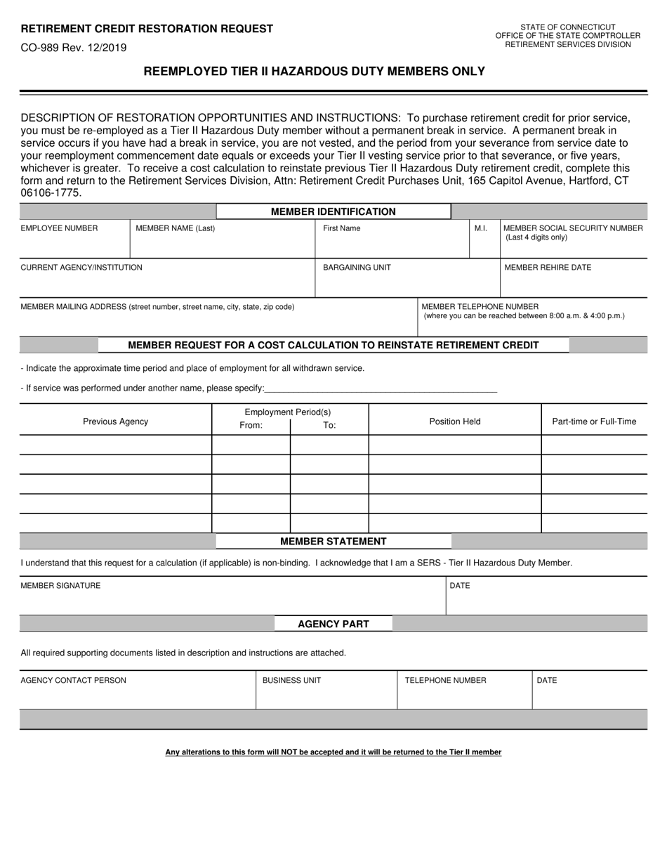 Form CO-989 Retirement Credit Restoration Request - Reemployed Tier II Hazardous Duty Members Only - Connecticut, Page 1