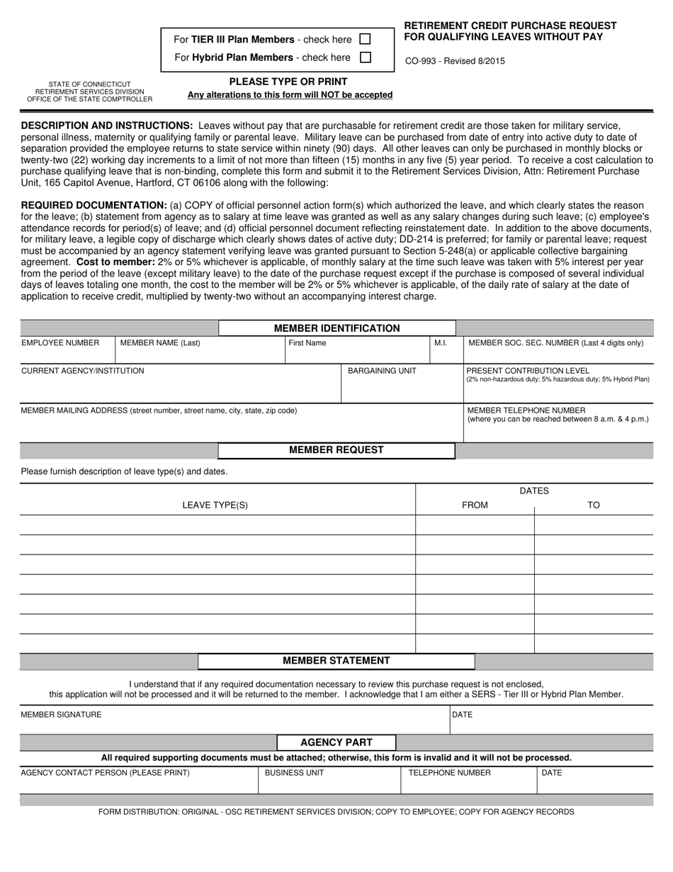 Form CO-993 Retirement Credit Purchase Request for Qualifying Leaves Without Pay - Connecticut, Page 1