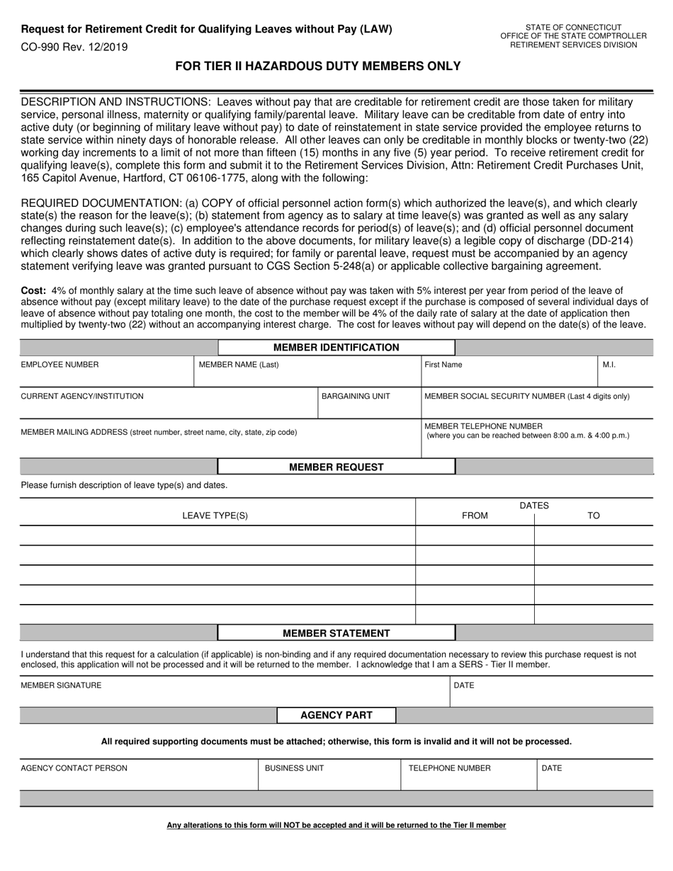 Form CO-990 Request for Retirement Credit for Qualifying Leaves Without Pay (Law) - for Tier II Hazardous Duty Members Only - Connecticut, Page 1