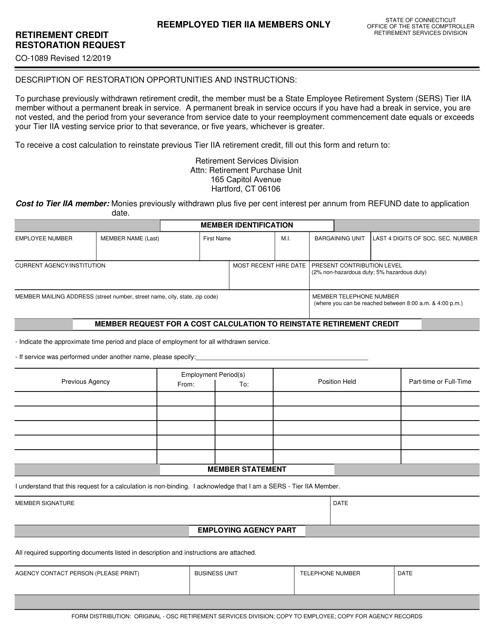 Form CO-1089 Retirement Credit Restoration Request - Connecticut