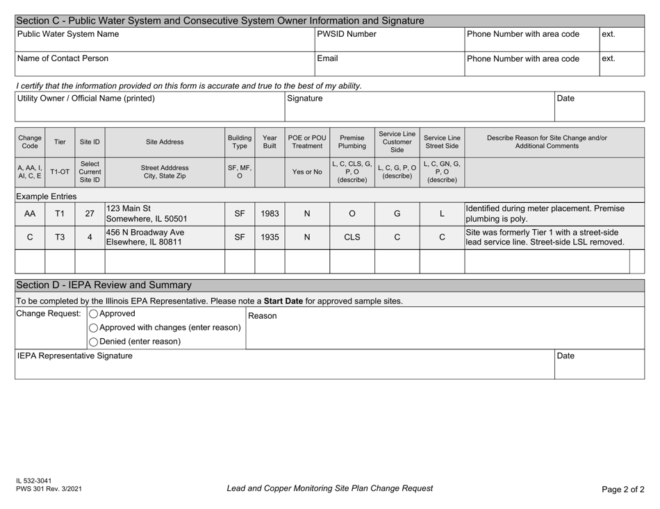 Form IL532-3041 (PWS301) Lead and Copper Monitoring Site Plan Change Request - Illinois, Page 2