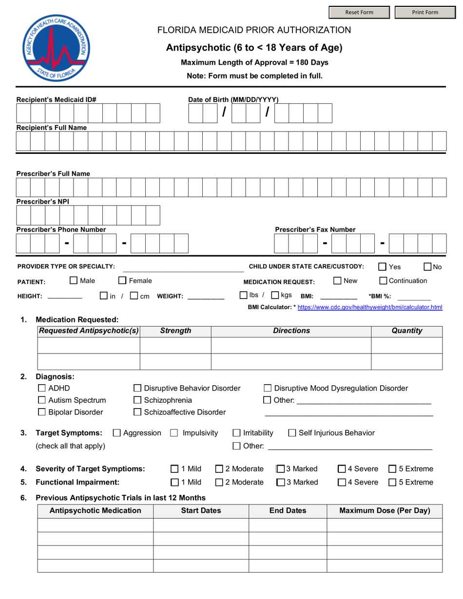 Pharmacy Prior Authorization Form - Antipsychotic (6 to 18 Years of Age) - Florida, Page 1
