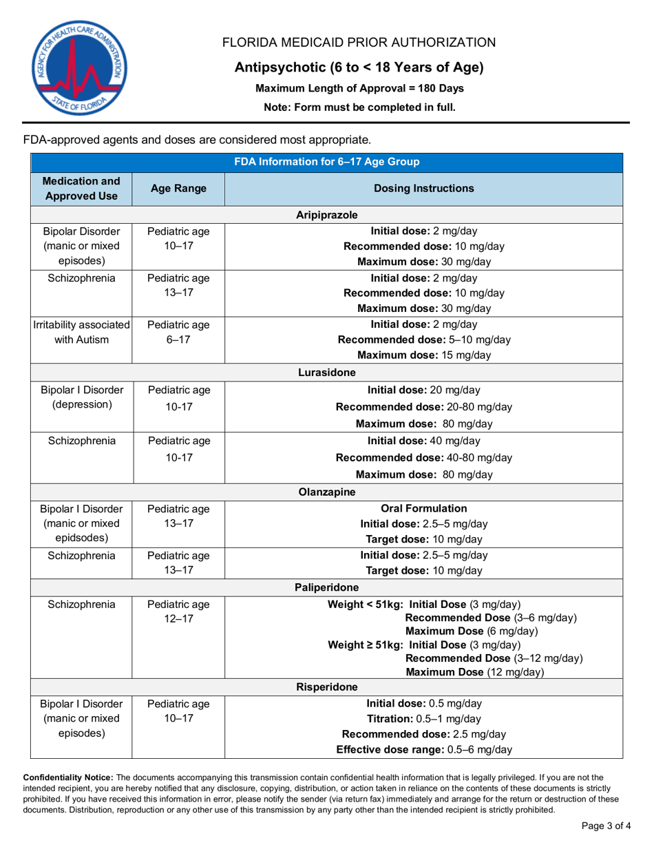 Pharmacy Prior Authorization Form - Antipsychotic (6 to 18 Years of Age) - Florida, Page 3
