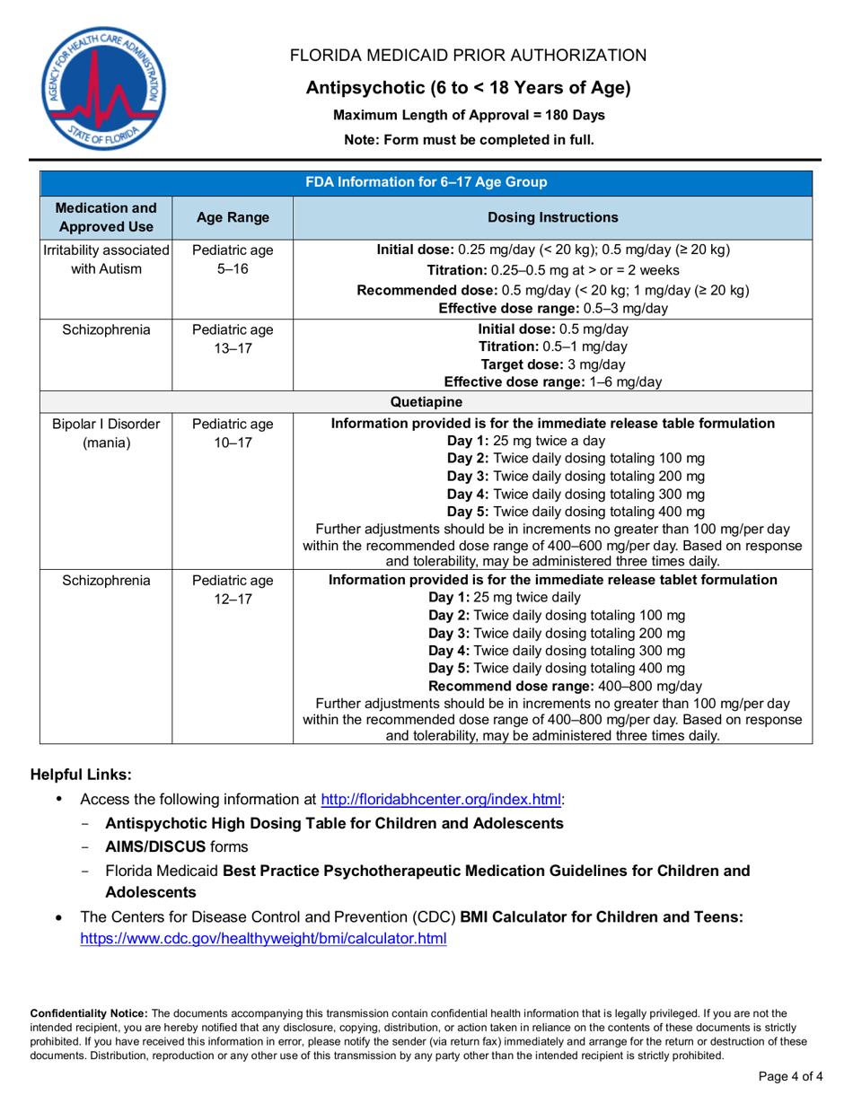 Pharmacy Prior Authorization Form - Antipsychotic (6 to 18 Years of Age) - Florida, Page 4
