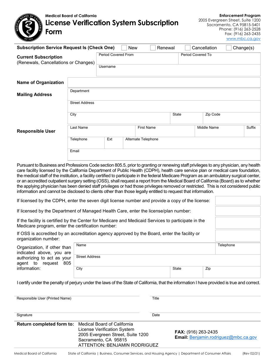 License Verification System Subscription Form - California, Page 1