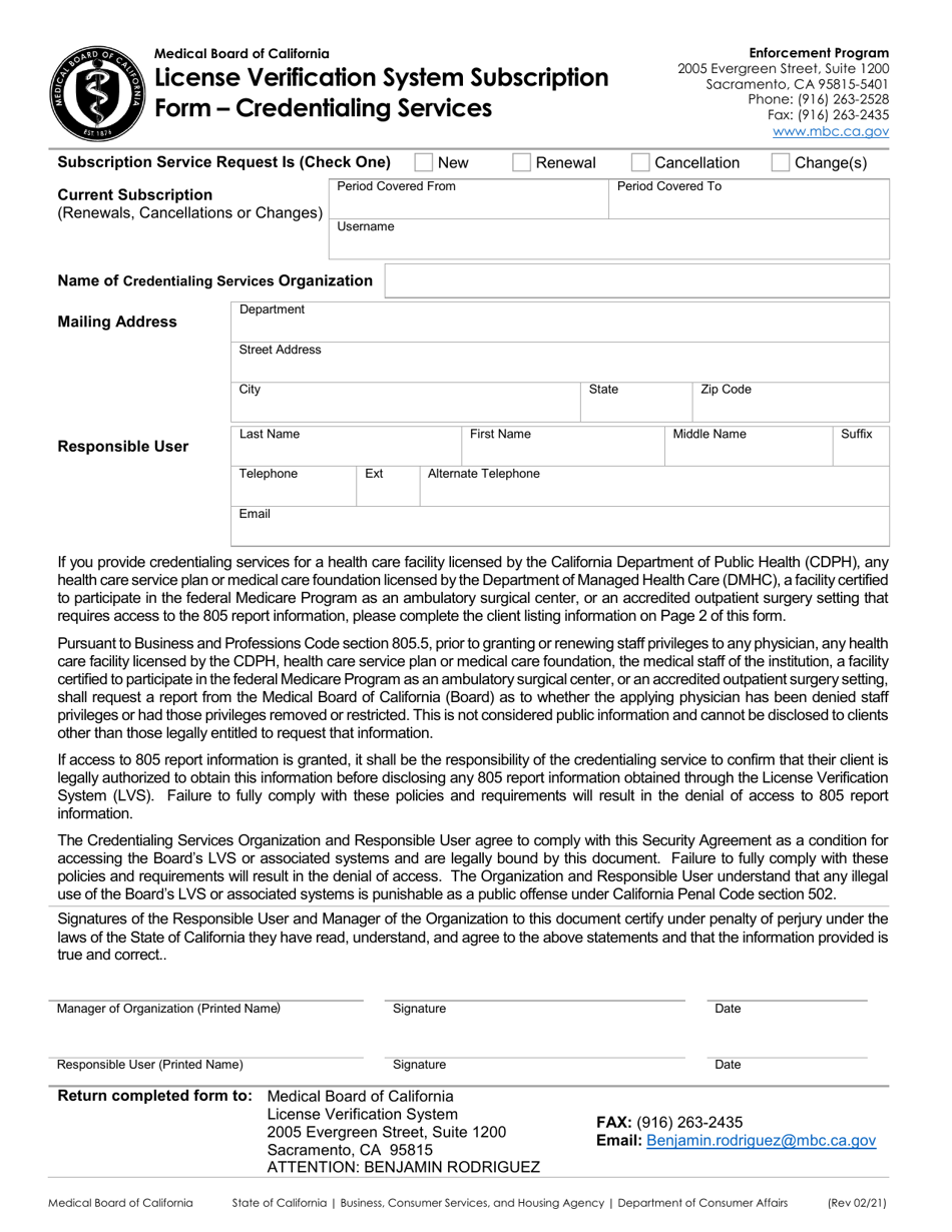 California License Verification System Subscription Form Credentialing Services Fill Out 6201