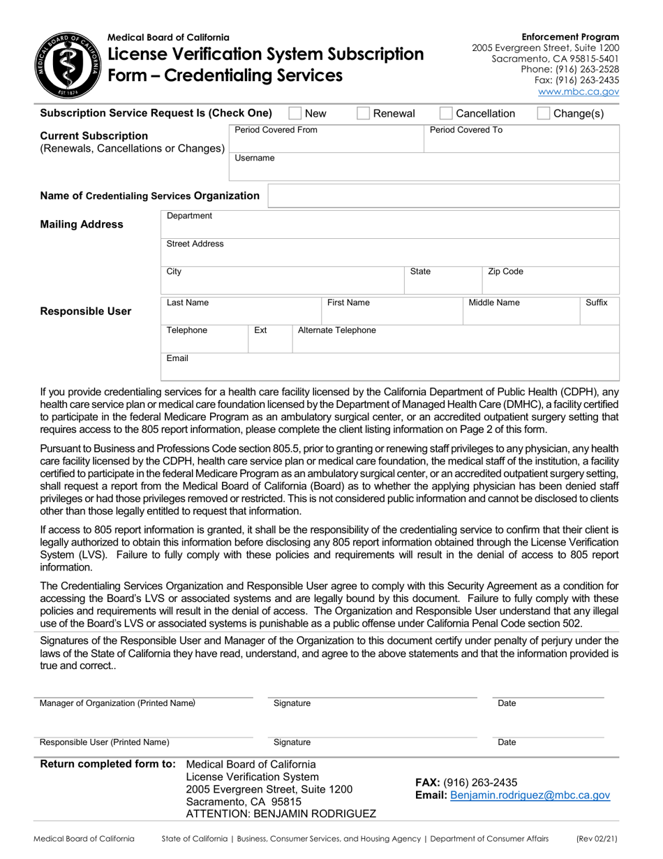 License Verification System Subscription Form - Credentialing Services - California, Page 1