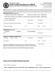 Form 805.8 Health Facility Reporting Form - California