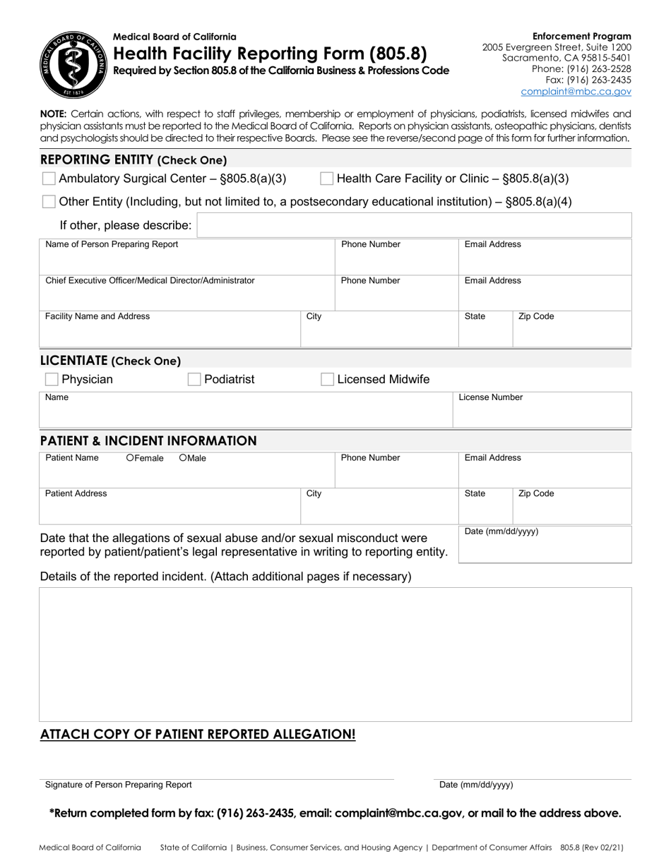 Form 805.8 Health Facility Reporting Form - California, Page 1