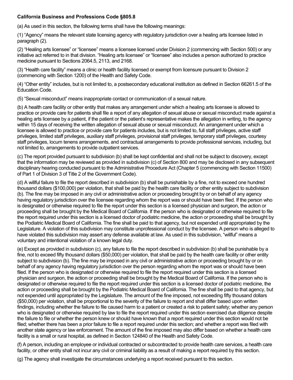 Form 805.8 Health Facility Reporting Form - California, Page 2