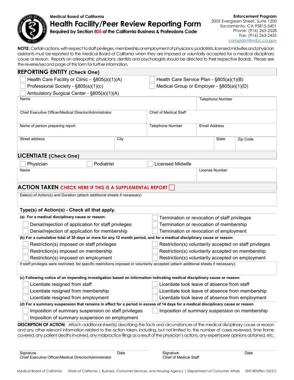 Form ENF-805 Health Facility / Peer Review Reporting Form - California, Page 1