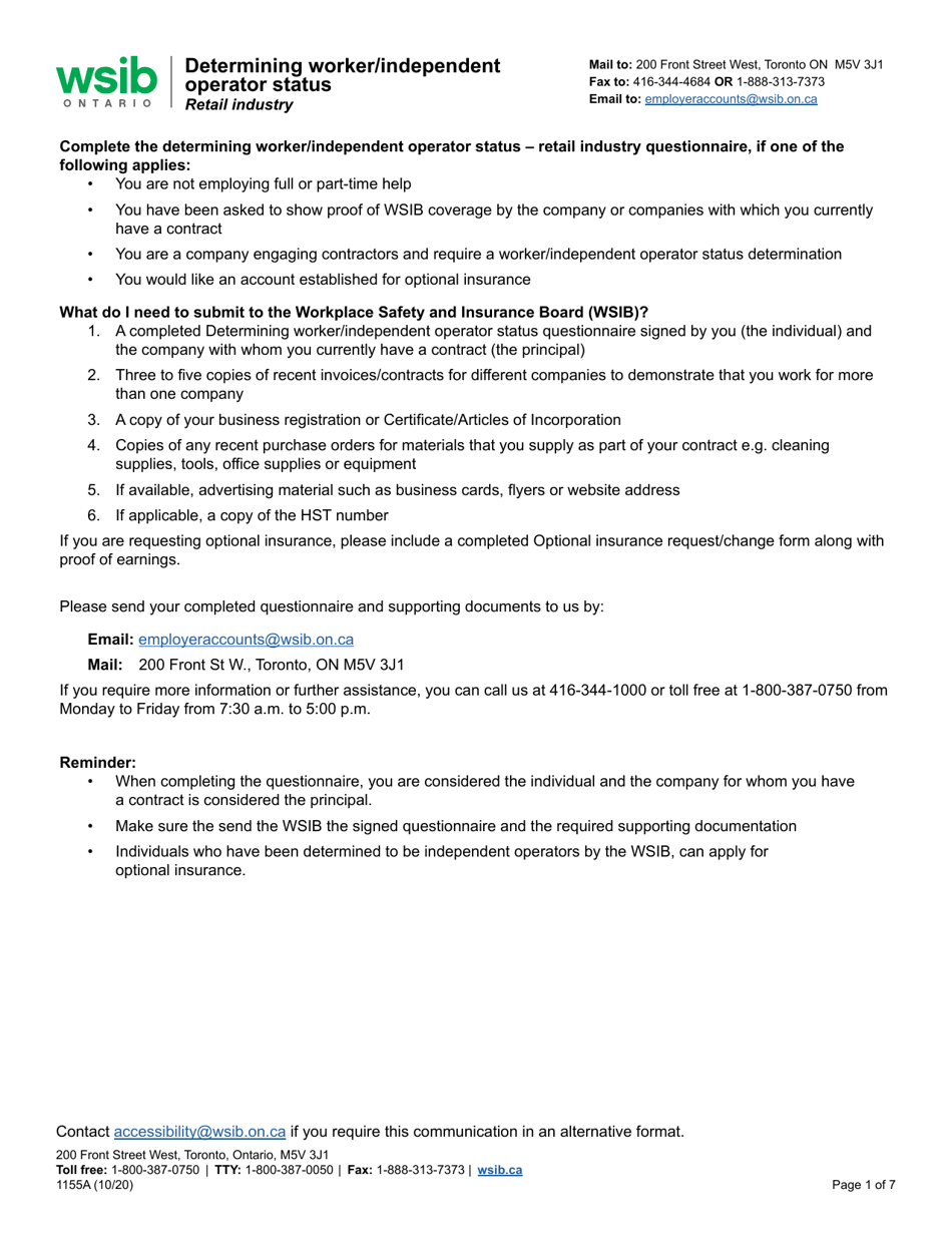 Form 1155A Determining Worker / Independent Operator Status - Retail Industry - Ontario, Canada, Page 1