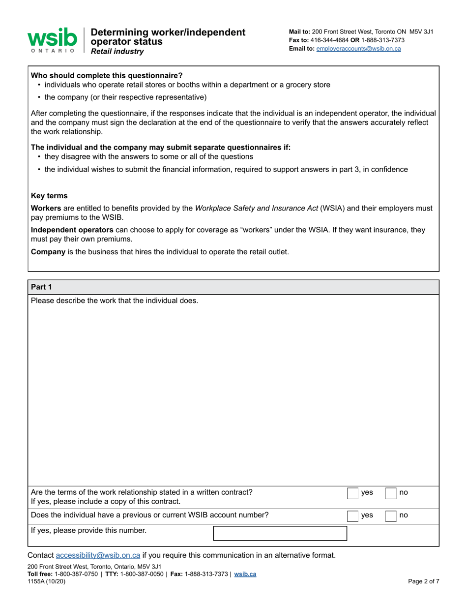 Form 1155A Determining Worker / Independent Operator Status - Retail Industry - Ontario, Canada, Page 2