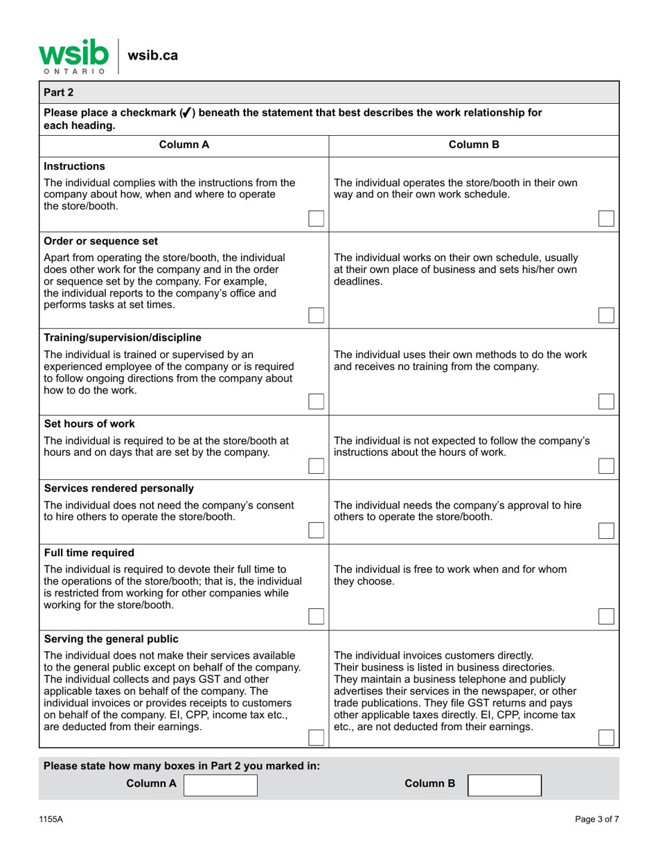 Form 1155A Determining Worker / Independent Operator Status - Retail Industry - Ontario, Canada, Page 3