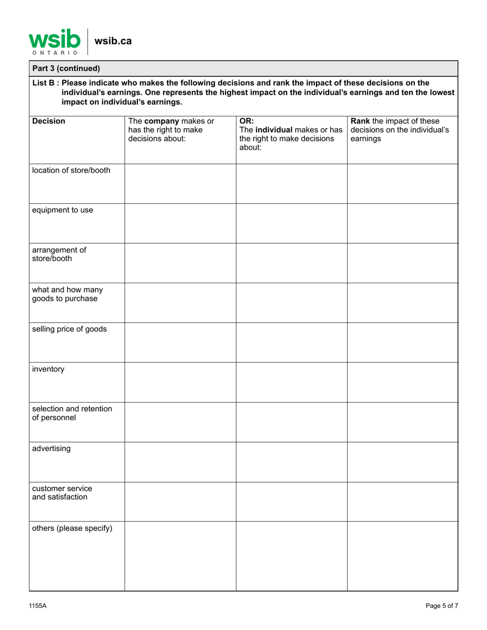 Form 1155A Determining Worker / Independent Operator Status - Retail Industry - Ontario, Canada, Page 5