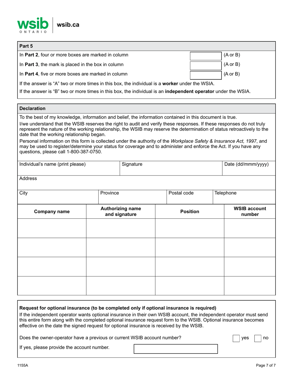 Form 1155A Determining Worker / Independent Operator Status - Retail Industry - Ontario, Canada, Page 7