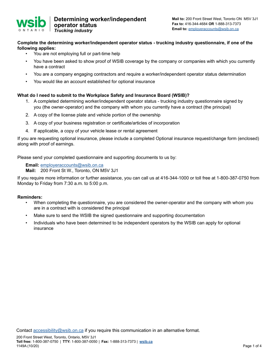 Form 1149A Determining Worker / Independent Operator Status - Trucking Industry - Ontario, Canada, Page 1