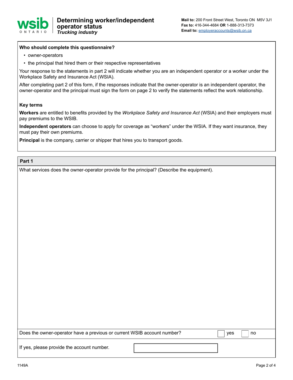 Form 1149A Determining Worker / Independent Operator Status - Trucking Industry - Ontario, Canada, Page 2