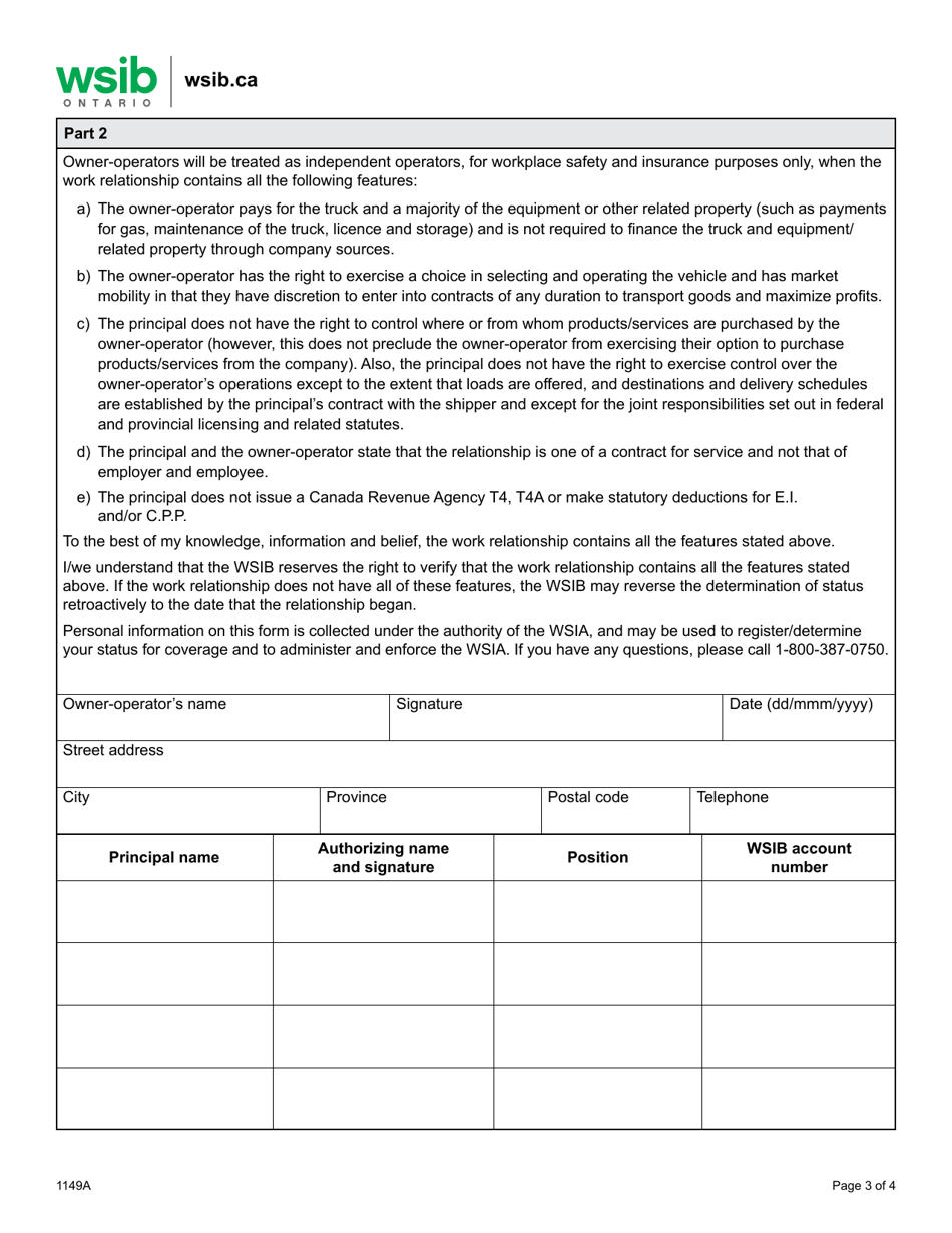 Form 1149A Determining Worker / Independent Operator Status - Trucking Industry - Ontario, Canada, Page 3