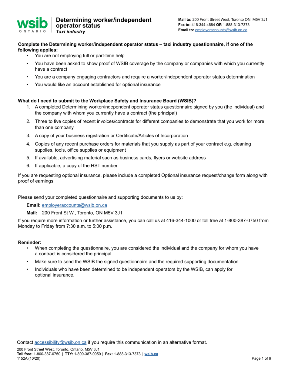 Form 1152A Determining Worker / Independent Operator Status - Taxi Industry - Ontario, Canada, Page 1